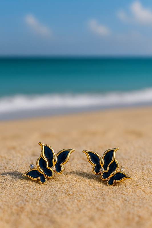 Jewello amazing gold-plated butterfly design with black stone stud dainty korean earring for women and girls. Gift for her.