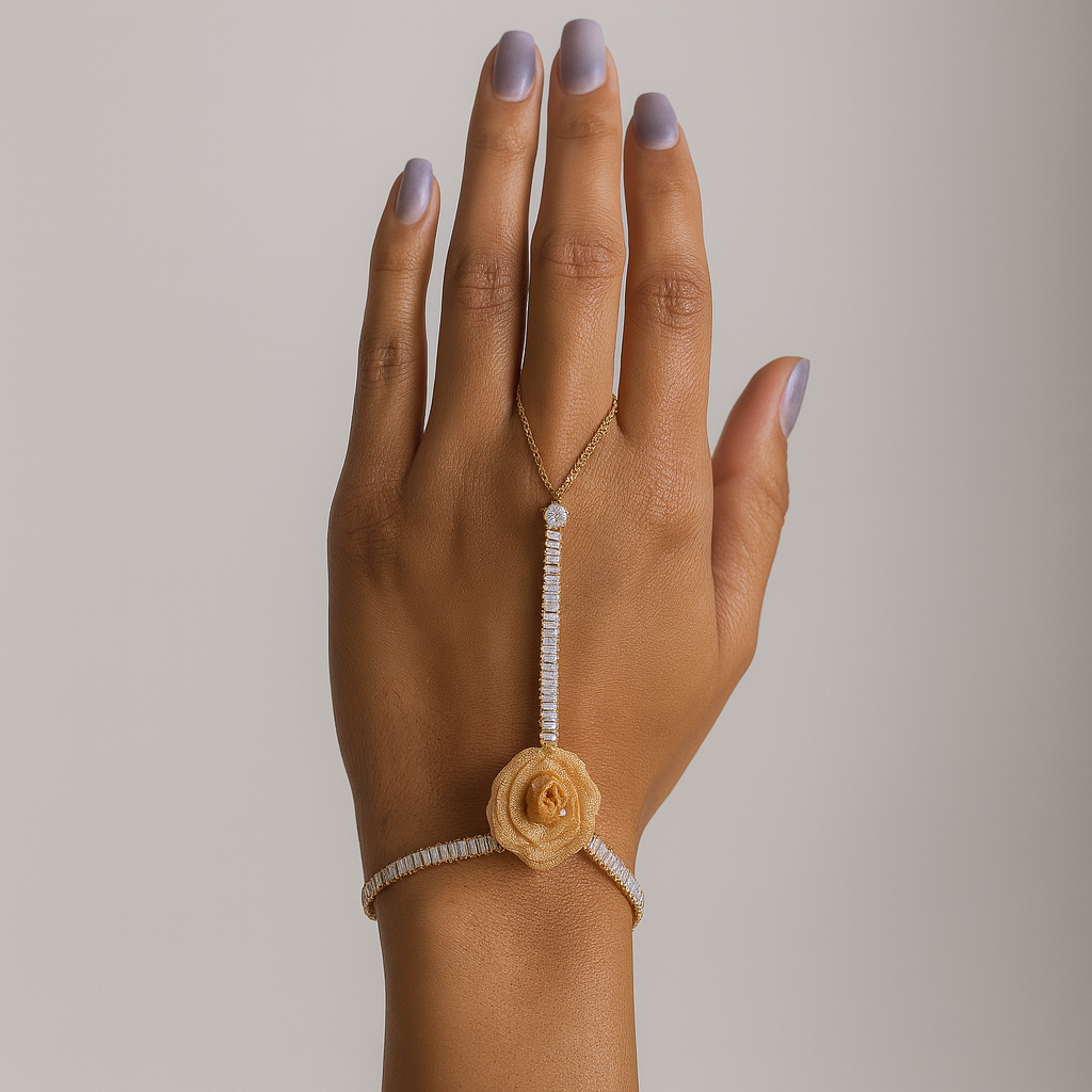 Jewello gorgeous rose gold-plated floral design with shimmering white stone stud hath Phool, Panja, Adjustable hand chain bracelet for women and girls.