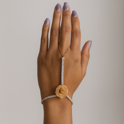 Jewello gorgeous rose gold-plated floral design with shimmering white stone stud hath Phool, Panja, Adjustable hand chain bracelet for women and girls.