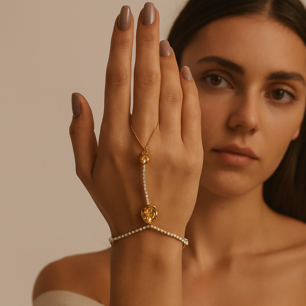 Jewello elegance rose gold plated floral design with shimmering white stone stud hath Phool, Panja, Adjustable hand chain bracelet for women and girls.