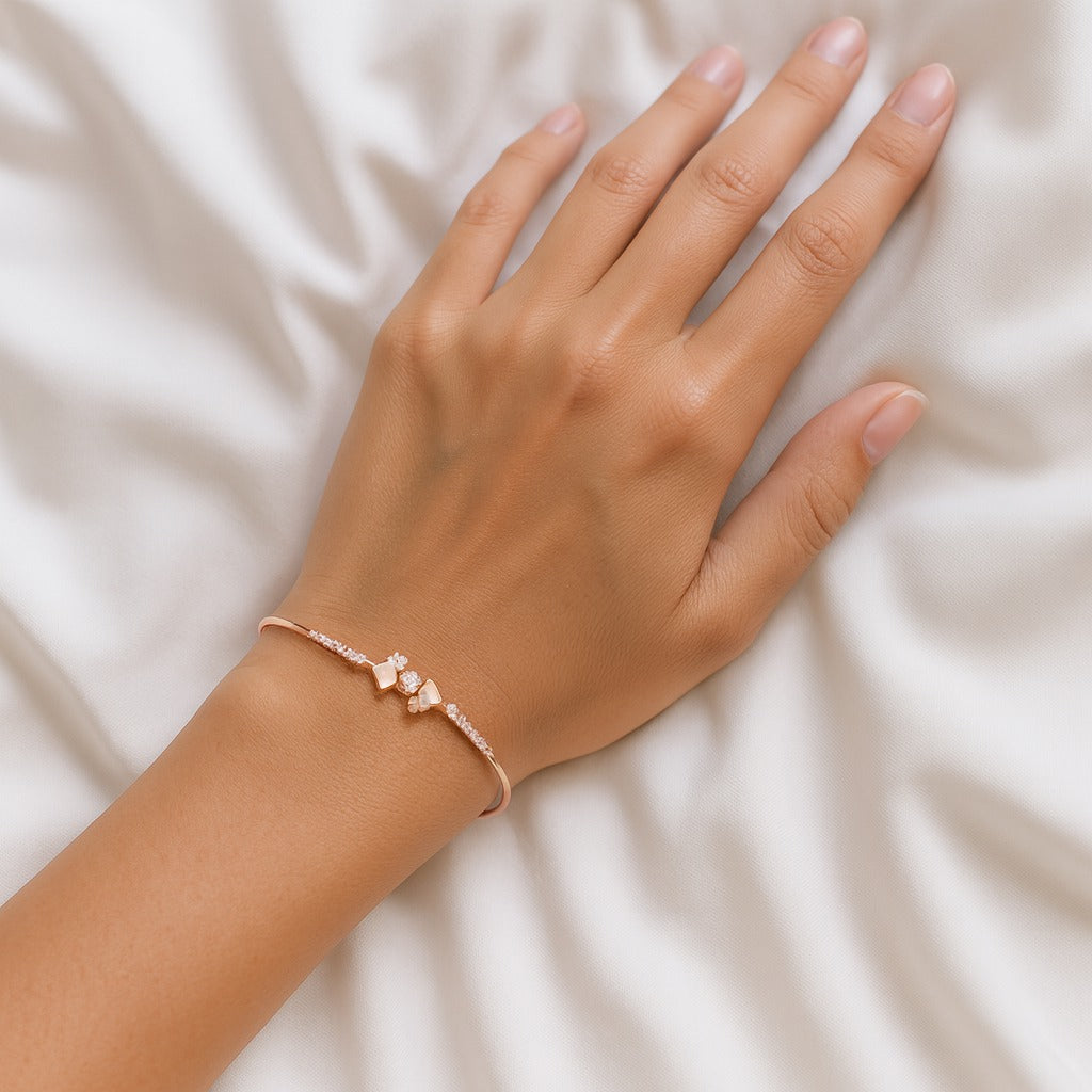 Jewello fancy rose gold plated heart design with cubic zirconia stud cuff bracelet, Kada bracelet for women and girls.