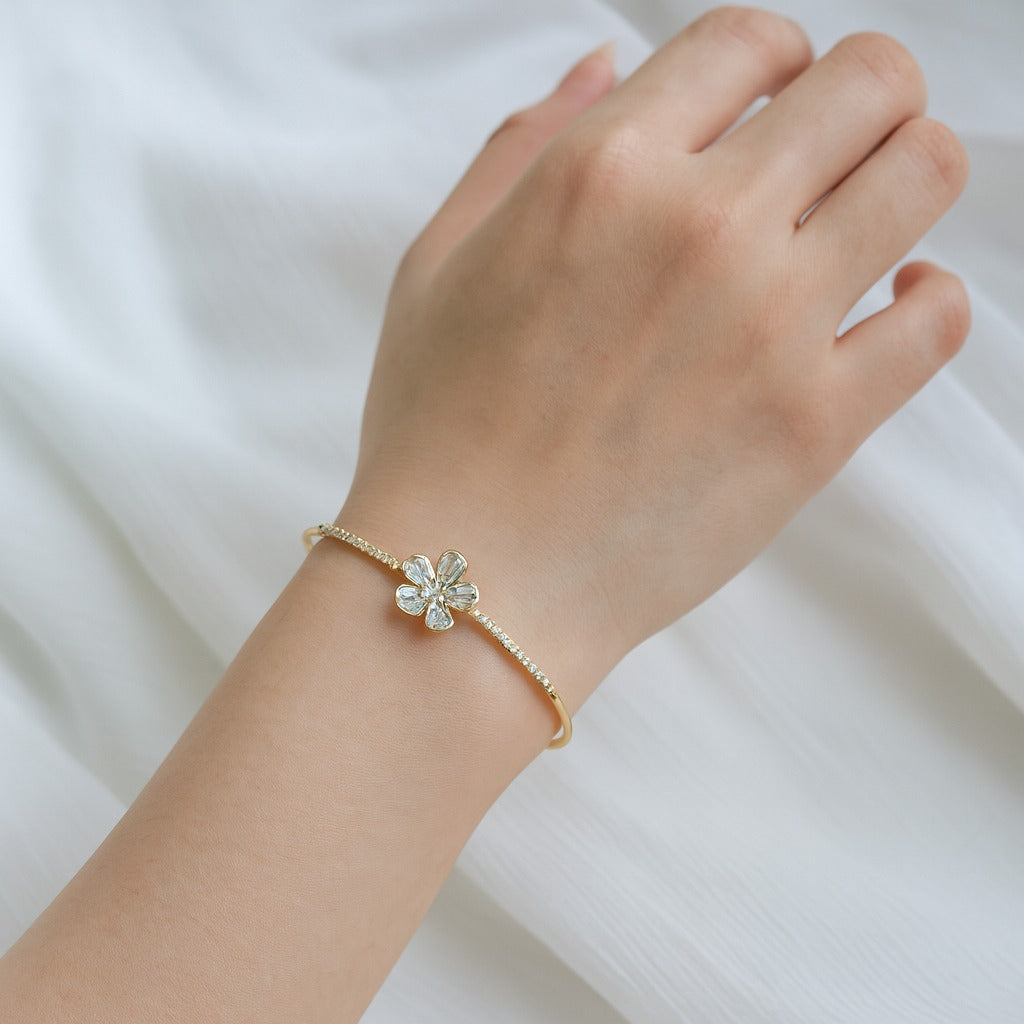 Jewello fancy gold-plated floral design with cubic zirconia stud Adjustable cuff bracelet, Kada bracelet for women and girls.