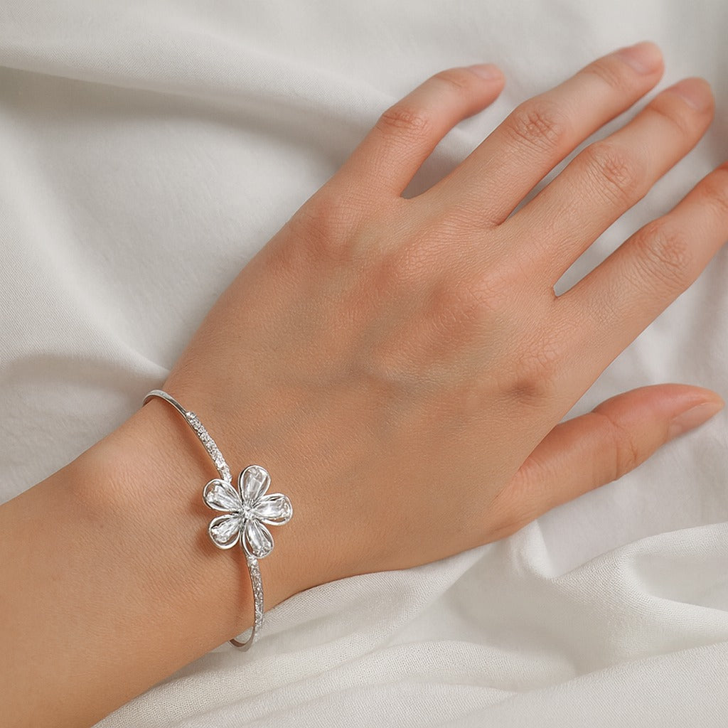 Jewello stylish silver-plated floral design with cubic zirconia stud Adjustable cuff bracelet, Kada bracelet for women and girls.