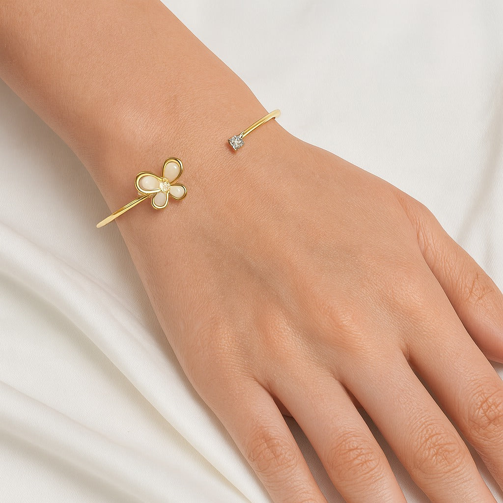 Jewello elegance gold plated floral design with shimmering white stone stud cuff bracelet, Kada bracelet for women and girls.
