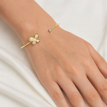 Jewello elegance gold plated floral design with shimmering white stone stud cuff bracelet, Kada bracelet for women and girls.