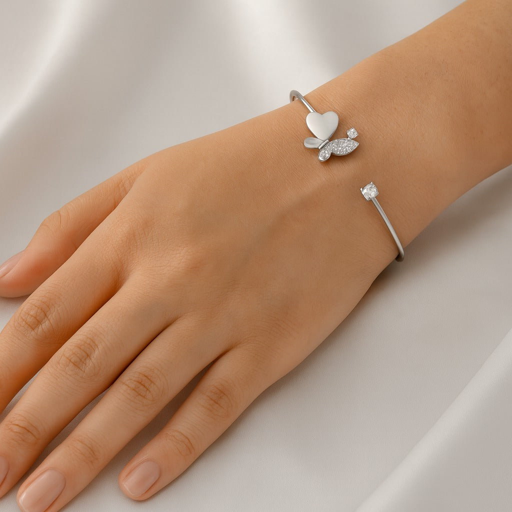 Jewello delicate silver plated with shimmering white stone stud cuff bracelet, Kada bracelet for women and girls.