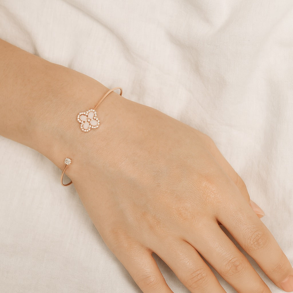 Jewello gorgeous rose gold-plated floral design with shimmering stone stud cuff bracelet, Kada bracelet for women and girls.