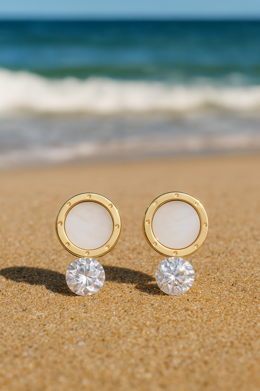Jewello fancy gold plated round shape design with light pink stone stud dainty Korean earring for women and girls.